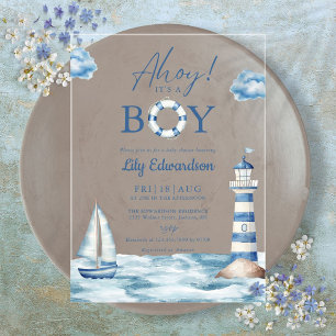 Invitations En Acrylique Fête de naissance bleue marine Ahoy C'est un garço