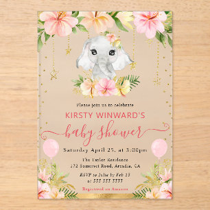 Invitations En Acrylique Fête de naissance de bébé éléphant de la jungle fl