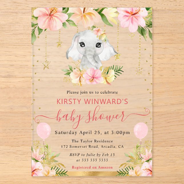 Invitations En Acrylique Fête de naissance de bébé éléphant de la jungle fl (Recto)