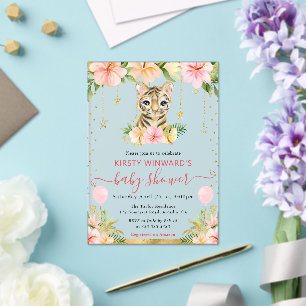 Invitations En Acrylique Fête de naissance de bébé tigre floral aquarelle j