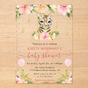 Invitations En Acrylique Fête de naissance de bébé tigre floral aquarelle j