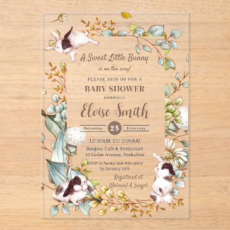 Invitations En Acrylique Fête de naissance de lapins mignons botaniques vin