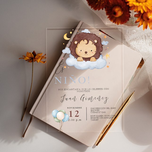 Invitations En Acrylique Fête de naissance d'un garçon espagnol Lion Code Q (Spanish Boy Baby Shower Lion Qr Code Baby Registry Acrylic Invitations)