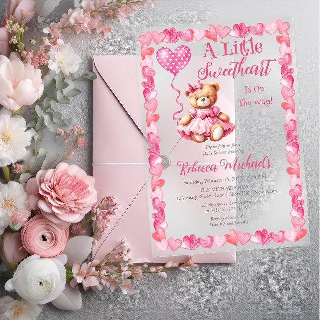 Invitations En Acrylique Fête de naissance d'une petite fille Ourson (Teddy Bear "A Little Sweetheart Is On The Way!" Hearts Frame Girl Baby Shower Acrylic Invitation)