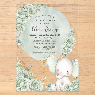 Invitations En Acrylique Fête de naissance éléphant floral vert sauge neutr