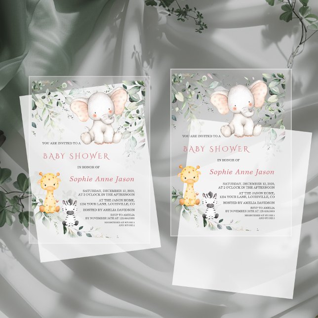 Invitations En Acrylique Fête de naissance fille éléphant bébé mignon amis  (Créateur téléchargé)