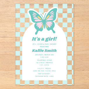 Invitations En Acrylique Fête de naissance fille papillon sarcelle damier