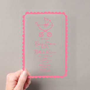 Invitations En Acrylique Fête de naissance fille rose avec poussette à bord