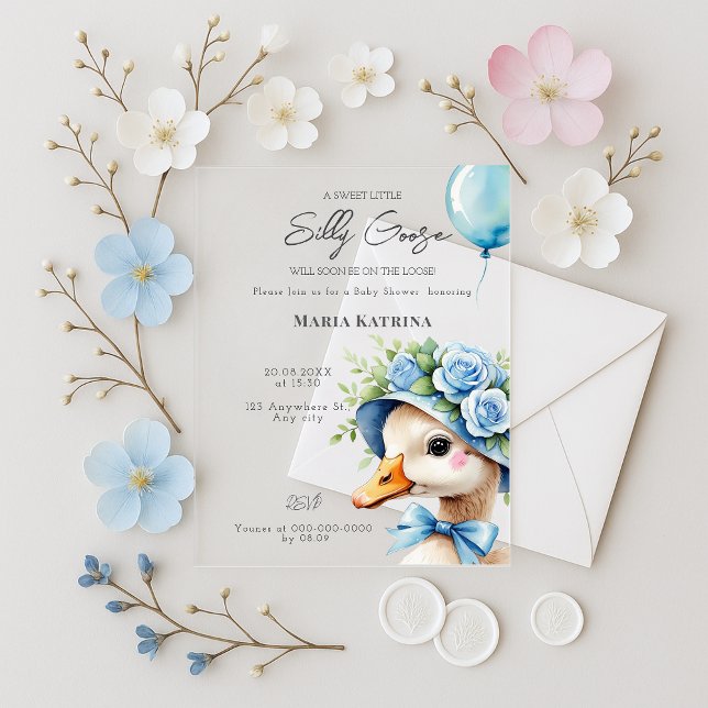 Invitations En Acrylique Fête de Naissance Garçon Bébé Silly Goose Bleu (Créateur téléchargé)