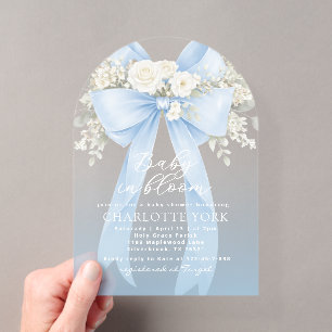 Invitations En Acrylique Fête de naissance garçon Fleur Bleu Ruban Bébé en