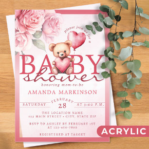 Invitations En Acrylique Fête de naissance ourson à l'aquarelle rose pour l
