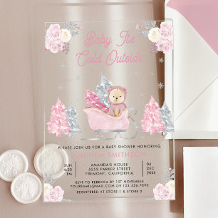 Invitations En Acrylique Fête de naissance ourson mignon traîneau rose