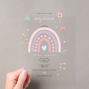 Invitations En Acrylique Fête de Naissance Pastel Arc-en-Ciel Fille Fleurs