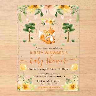 Invitations En Acrylique Fête de Naissance Renard Floral Mignon Aquarelle