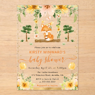 Invitations En Acrylique Fête de Naissance Renard Floral Mignon Aquarelle