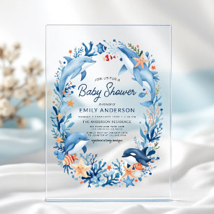 Invitations En Acrylique Fête de naissance sous la mer aquarelle bleue