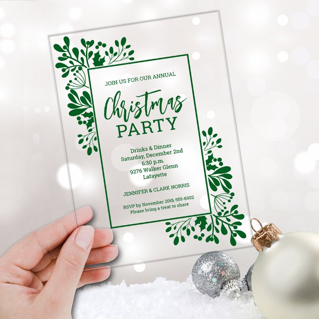 Invitations En Acrylique Fête de Noël au feuillage vert élégant (Elegant green foliage CLEAR ACRYLIC Christmas party invitations)