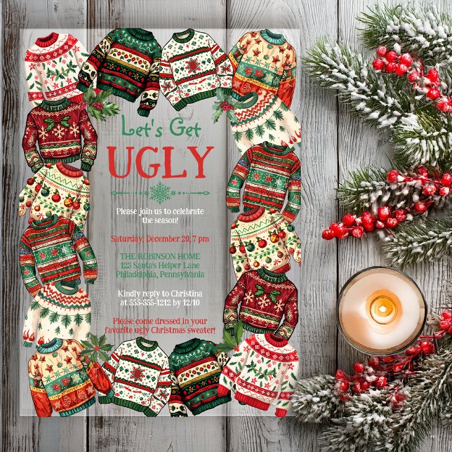 Invitations En Acrylique Fête de Noël avec des pulls moches "Allons-y, soyo ("Let's Get Ugly" Ugly Christmas Sweater Frame Holiday Party Acrylic Invitation)
