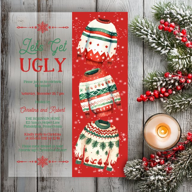 Invitations En Acrylique Fête de Noël avec des pulls moches "Déchaînons-nou ("Let's Get Ugly" Retro Ugly Christmas Sweater Holiday Party Acrylic Invitation)