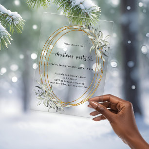 Invitations En Acrylique Fête de Noël avec verdure dorée givré