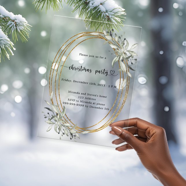 Invitations En Acrylique Fête de Noël avec verdure dorée givré (Créateur téléchargé)