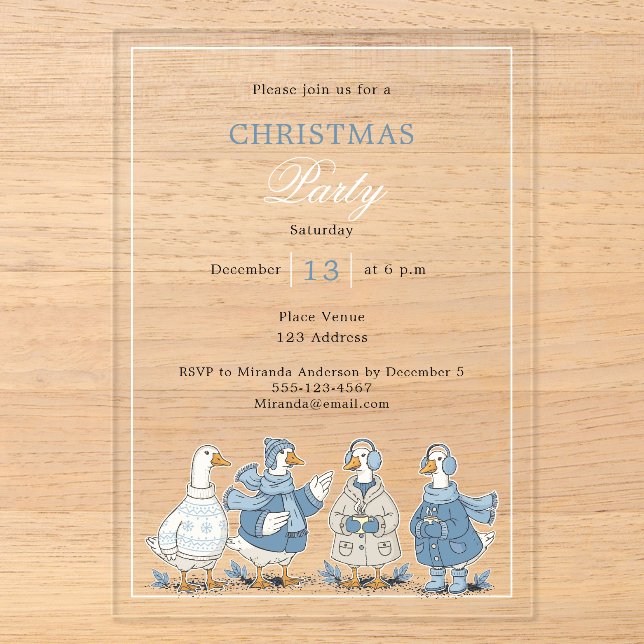 Invitations En Acrylique Fête de Noël bleu ciel aux oies (Recto)