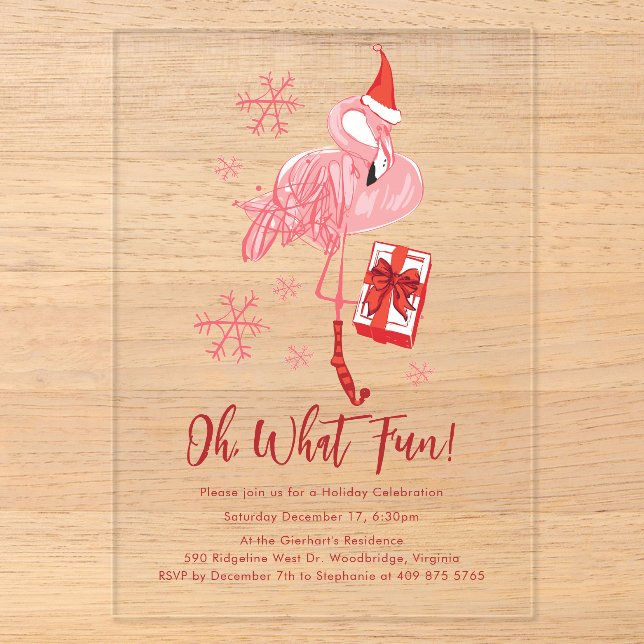 Invitations En Acrylique Fête de Noël de Flamant Rose Drôle (Recto)