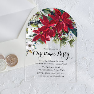 Invitations En Acrylique Fête de Noël d'entreprise Poinsettia Bourgogne