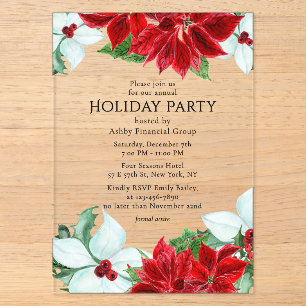 Invitations En Acrylique Fête de Noël d'entreprise Poinsettia Rouge Blanc