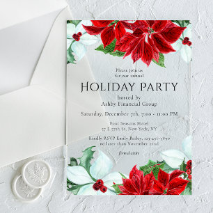 Invitations En Acrylique Fête de Noël d'entreprise Poinsettia Rouge Blanc