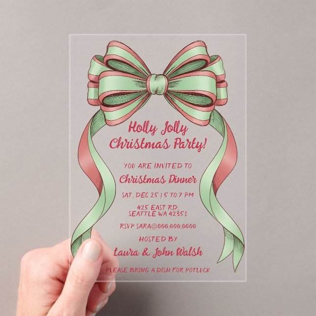 Invitations En Acrylique Fête de Noël dessinée à la main avec un nœud vert  (In situ (ordinateur de poche))
