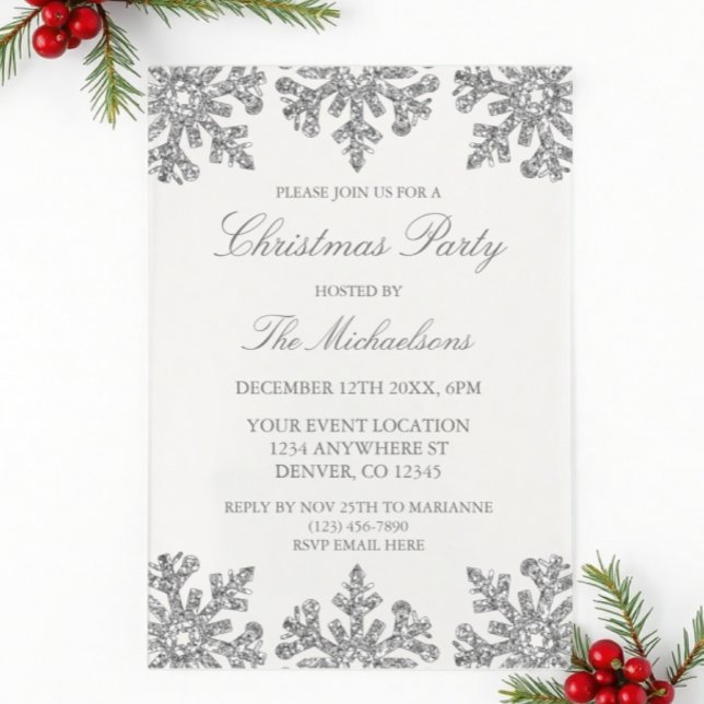 Invitations En Acrylique Fête de Noël d'hiver Silver Snowflake (Créateur téléchargé)