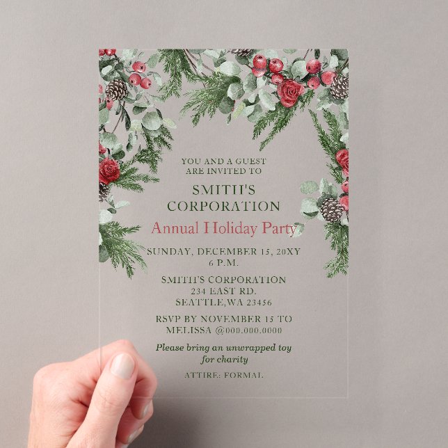 Invitations En Acrylique Fête de Noël Entreprise Elegant Pine Berries (In situ (ordinateur de poche))