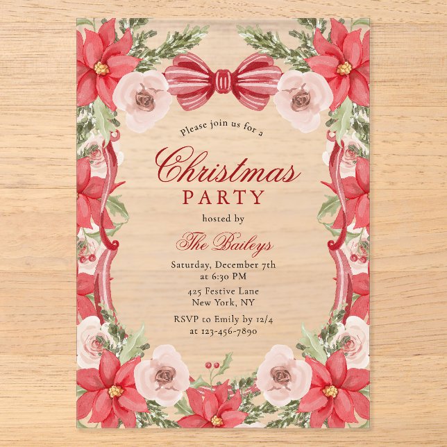 Invitations En Acrylique Fête de Noël Florale Élégante Coquette (Recto)