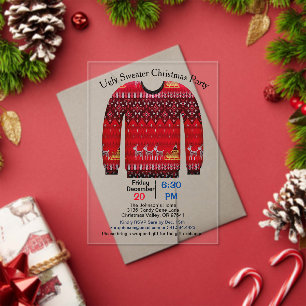 Invitations En Acrylique Fête de Noël moche, rouge avec cerf