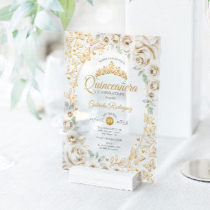 Invitations En Acrylique Fête de Quinceañera crème dorée florale