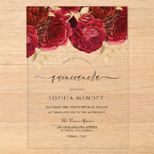 Invitations En Acrylique Fête de Quinceanera Élégante aux Roses Rouges Roma