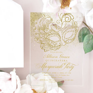 Invitations En Acrylique Fête de Quinceanera Masquerade en Or