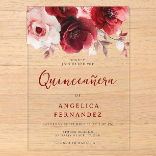 Invitations En Acrylique Fête de Quinceanera Rose Rouge Rubis Romantique