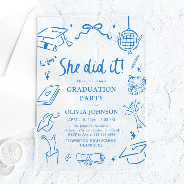 Invitations En Acrylique Fête de remise de diplôme bleue dessinée à la main (Modern Hand Drawn She did it Blue Graduation Party Acrylic Invitations)