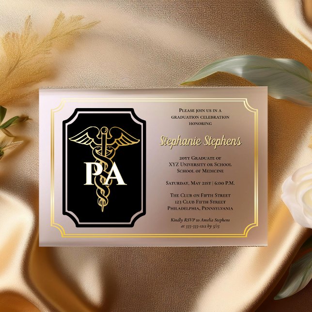 Invitations En Acrylique Fête de remise de diplôme élégante pour assistant  (Elegant Gold Tone and Black Physician's Assistant PA Graduation Party Acrylic Invitations)