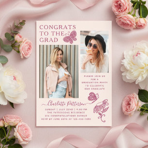 Invitations En Acrylique Fête de remise de diplôme photo papillon rose mode