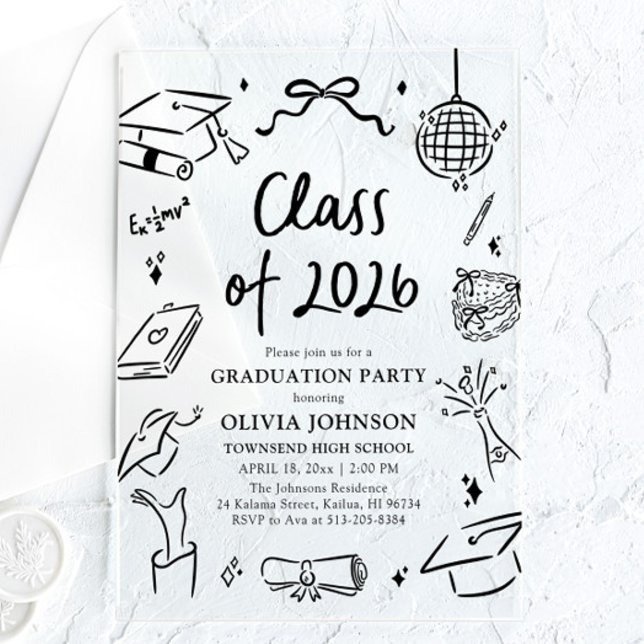 Invitations En Acrylique Fête de remise des diplômes de la promotion 2026 d (Modern Hand Drawn Class of 2026 Graduation Party Acrylic Invitations)