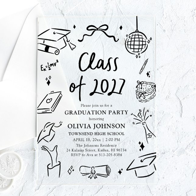 Invitations En Acrylique Fête de remise des diplômes de la promotion 2027 d (Modern Hand Drawn Class of 2027 Graduation Party Acrylic Invitations)