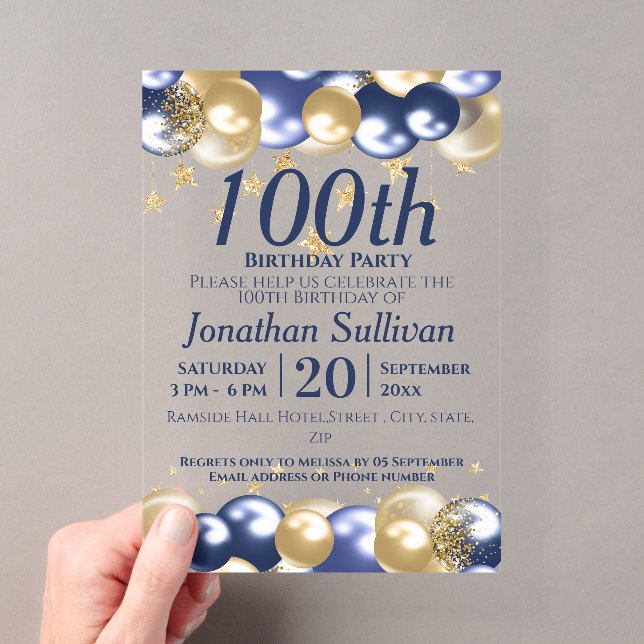Invitations En Acrylique Fête des 100 ans Ballons dorés Navy (In situ (ordinateur de poche))