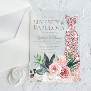 Invitations En Acrylique Fête des 70 ans de la femme en robe et floral rose