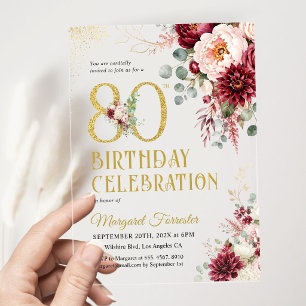 Invitations En Acrylique Fête des 80 ans Burgundy Blush Floral Gold Glitter