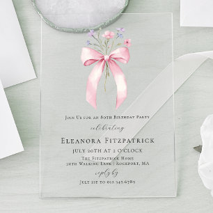 Invitations En Acrylique Fête des 80 ans Coquette Rose Fleur Sauvage