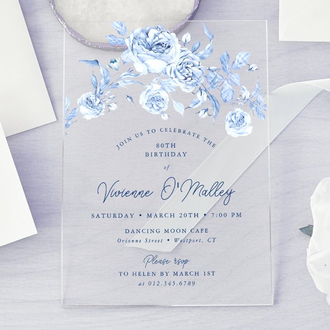 Invitations En Acrylique Fête des 80 ans Dusty Blue Floral (Créateur téléchargé)