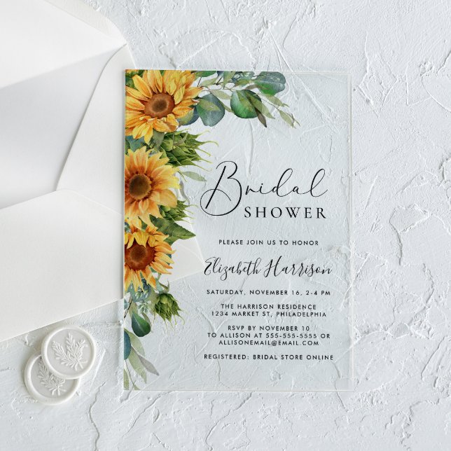 Invitations En Acrylique Fête des mariées d'aquarelle de tournesol Eucalypt (Make her bridal shower unforgettable with stunning acrylic invitations—modern, elegant, unique!)